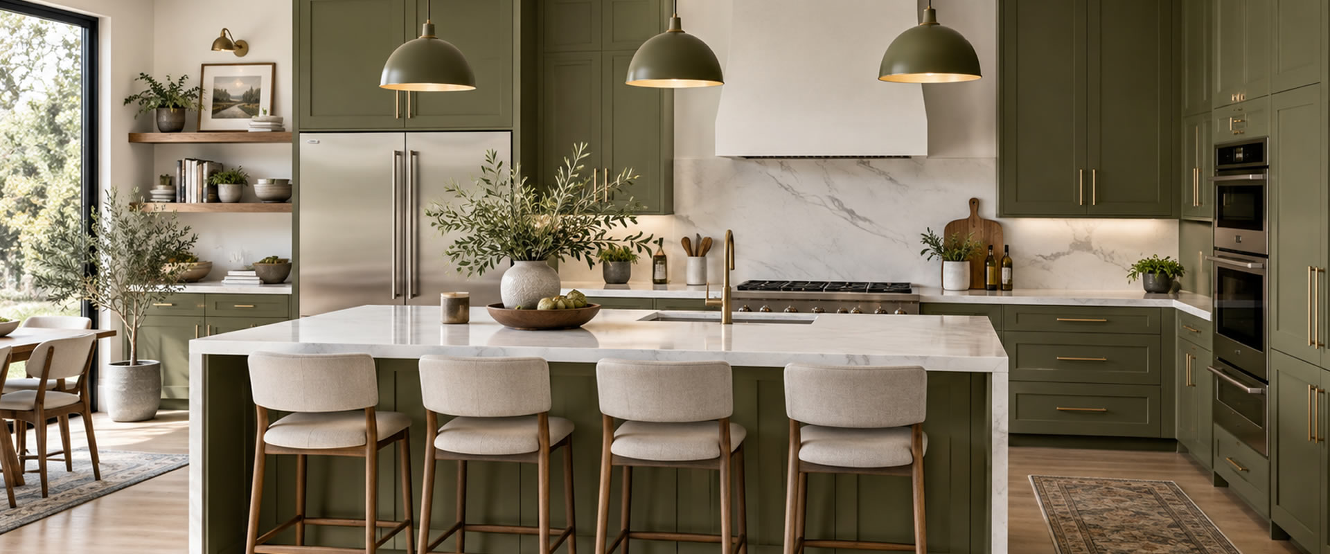 Cucina moderna con mobili verde salvia, isola centrale in marmo bianco, sgabelli imbottiti e lampade a sospensione in metallo.